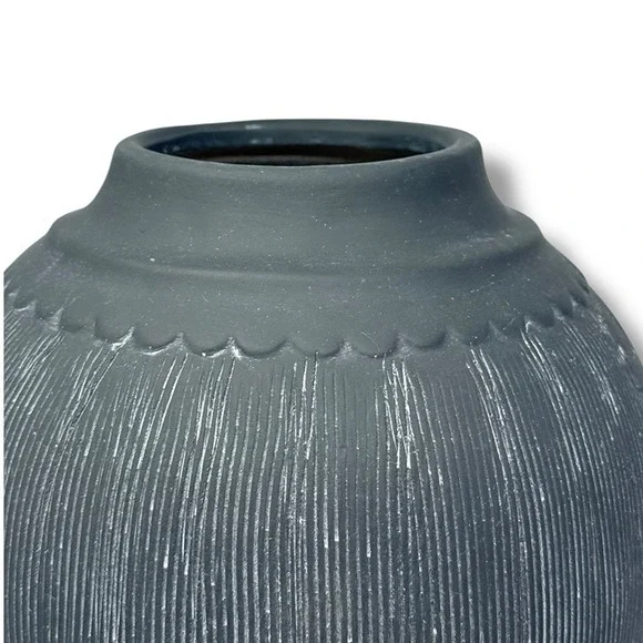 Magnolia Scalloped Black Vase - Large - Distressed Finish, Ceramic